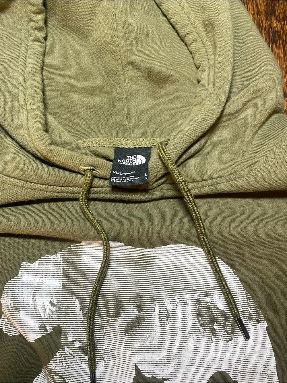 North Face Hoodie Men’s L Green Pullover White Bear Graphic Sleeve Spell out